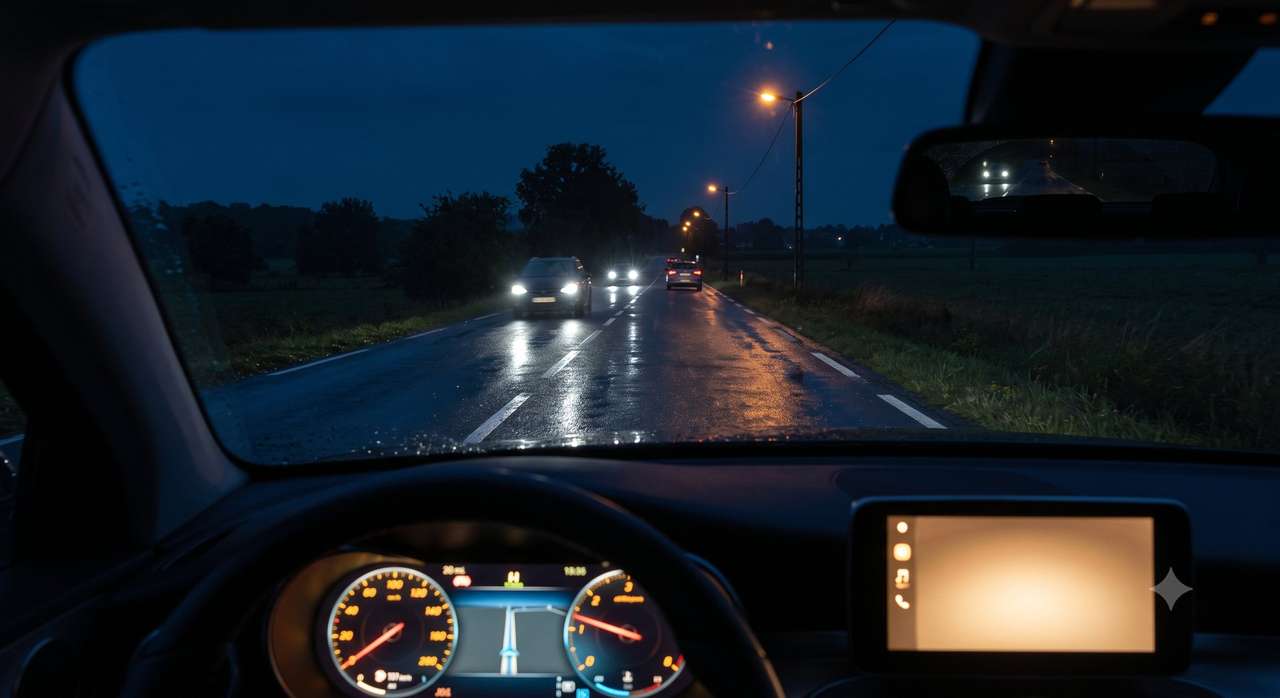 Conduite de nuit sur route mouillée, vue du conducteur